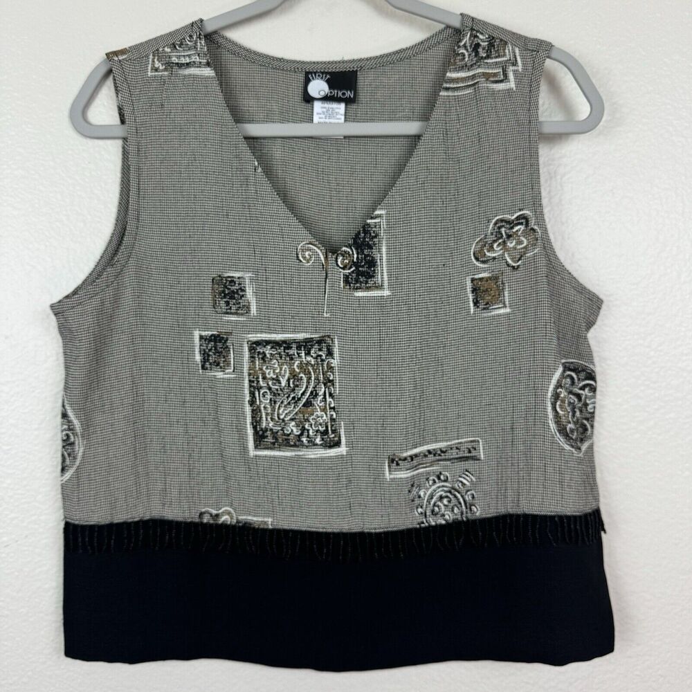 Vintage First Option Mixed Print Beaded Sleeveless V-Neck Top Black Tan Small